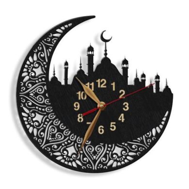 Islamic wall clock with large Arabic digits and mosque design